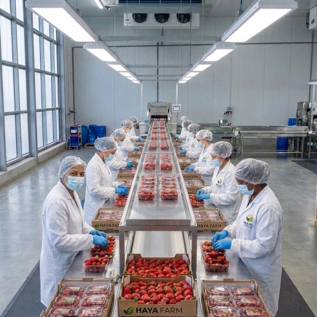 Focused Egyptian male farmer in a baseball cap and blue gloves inspecting fresh strawberries in a field